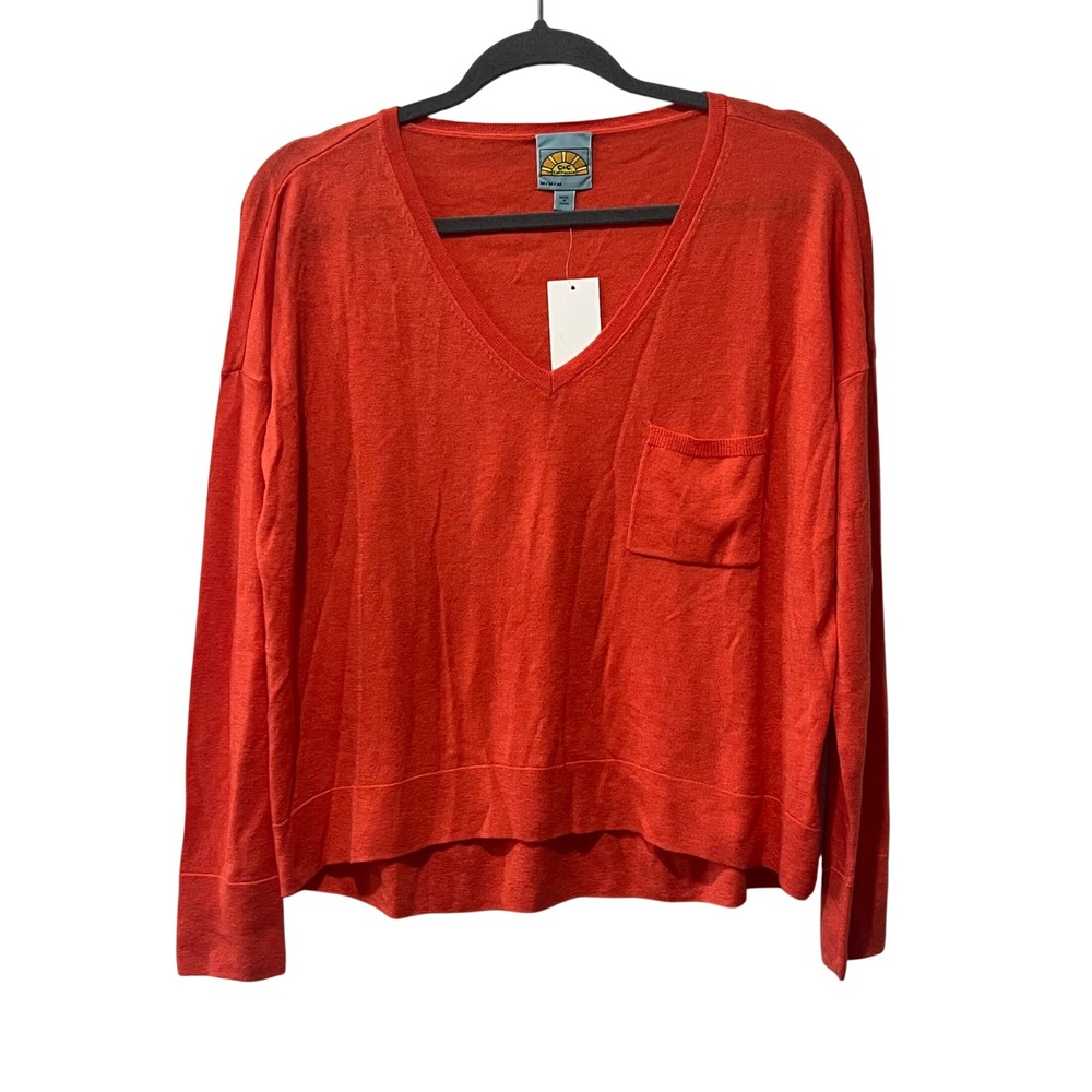C&C California Sweater Womens Medium Orange V-Neck Cashmere Wool Blend Pocket